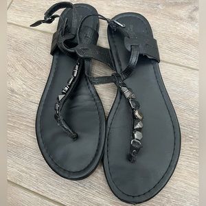 Black beaded t-strap sandals